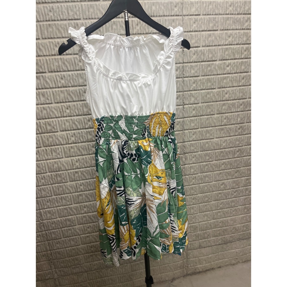 Cupshe White Tropical Leaf Smocked Mini Dress Green Yellow Floral CAA05A3F025R